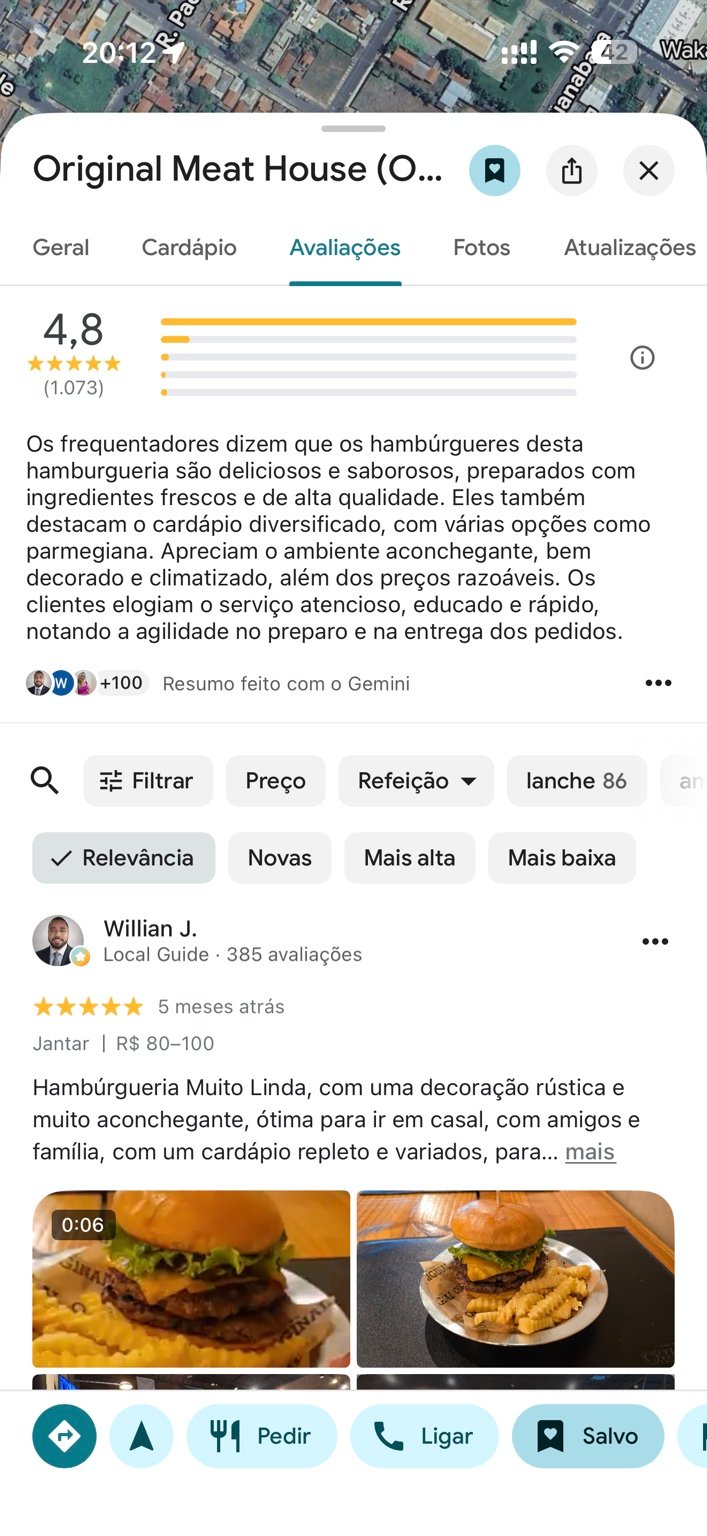 Página do Original Meat House no Google Business